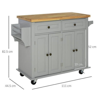Rolling Kitchen Island Storage Trolley with Rubber Wood Top & Drawers for Dining Room