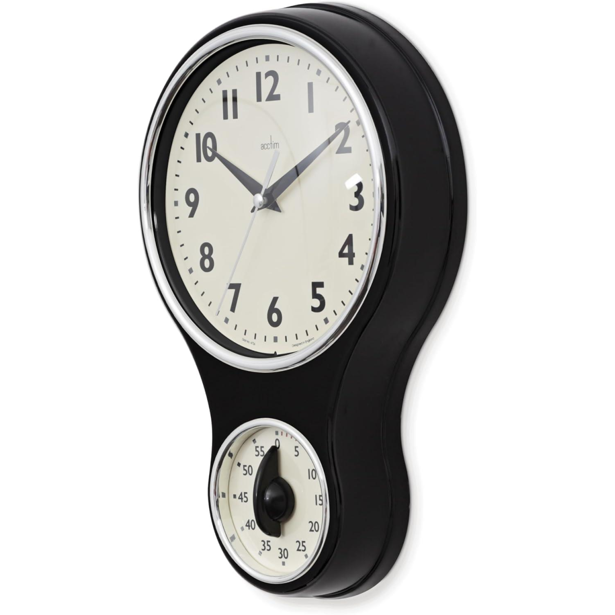 Acctim Kitchen Time 20cm Timer Quartz Retro Style Domed Glass Lens Black Wall Clock 21593