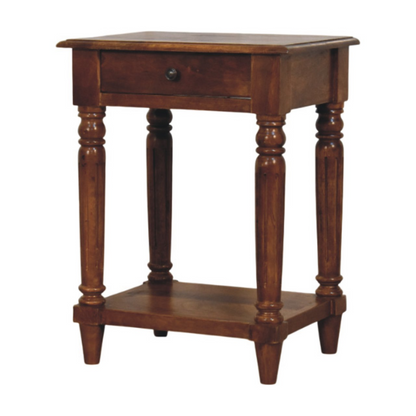 Artisan Furniture Solid Wood Turned Legs Chestnut Side Table, 1 Drawer and 1 Lower Shelf, Dark Brown