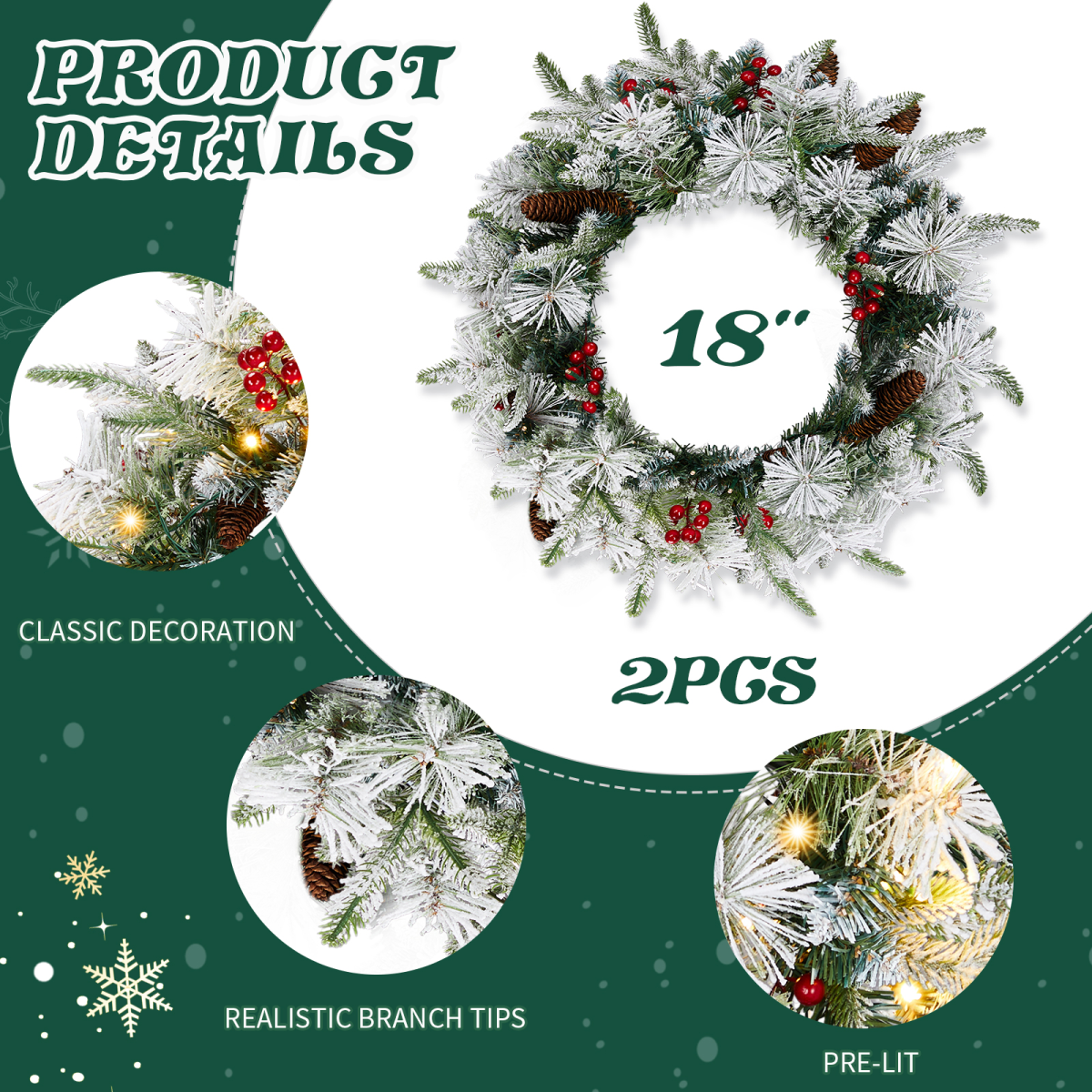 2 Pack 18in Pre-lit Snow Flocked Christmas Wreath, Lighted Artificial Xmas Wreath with 60 Warm Lights and 140 Tips and Red Berries Pine Cones, for Front Door Gate Wall Xmas Party Decorations