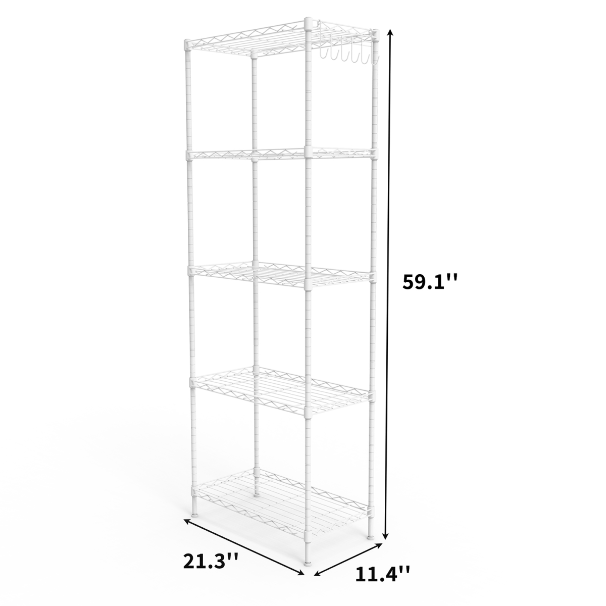 5-layer display rack with adjustable layer spacing, plug-in deformable structure, adjustable feet, made of iron, 54*29*150cm, powder-coated matte white