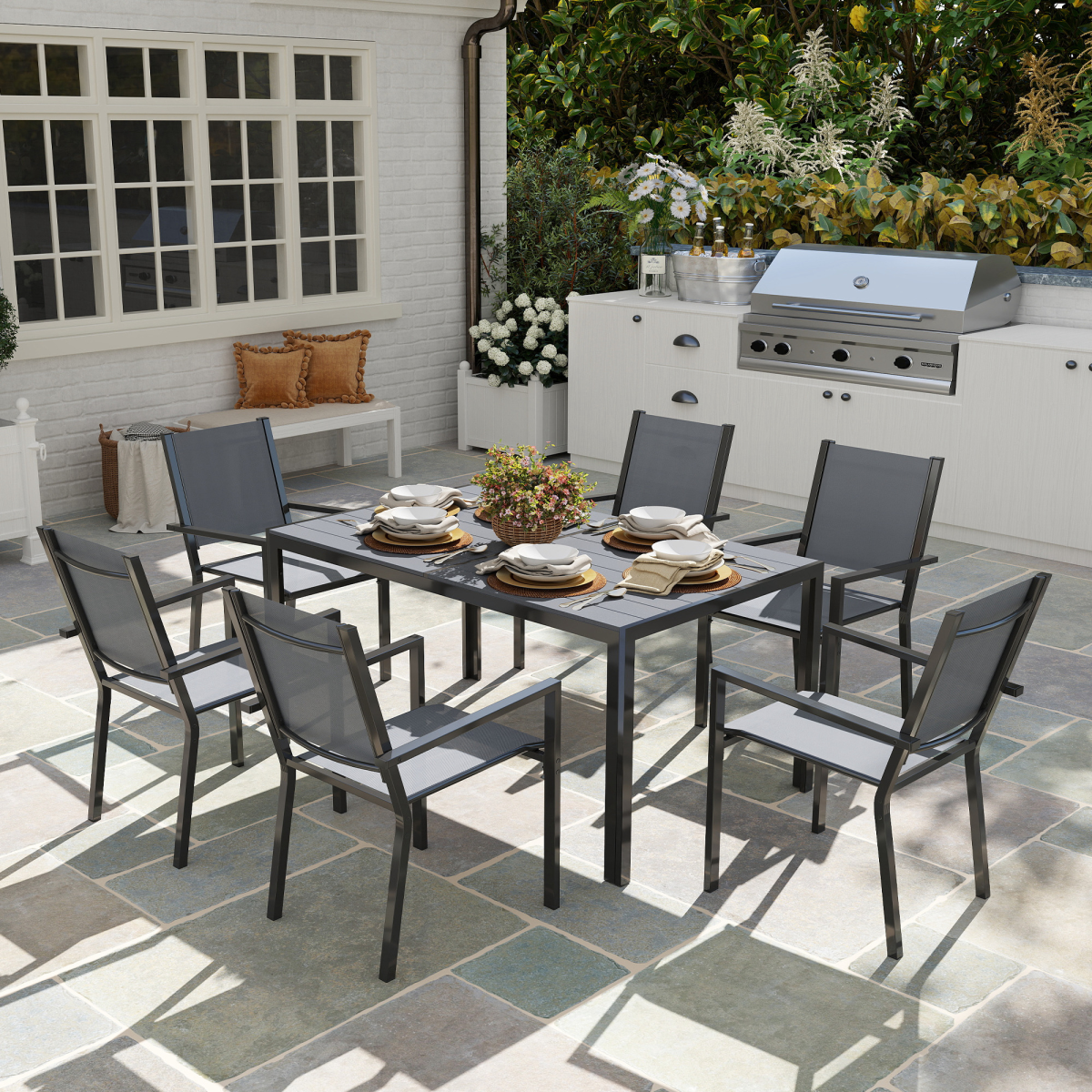 Outsunny 7 Piece Garden Dining Set, Outdoor Furniture w/ 6 Stackable Chairs
