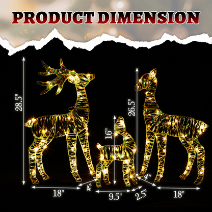 3-Piece Lighted Iridescent Christmas Reindeer Family Set Outdoor Decorations, Weather Proof Deer Family Set of 3 Christmas Ornament Home Decor Pre-lit 110 LED Warm White Lights, 2.4FT