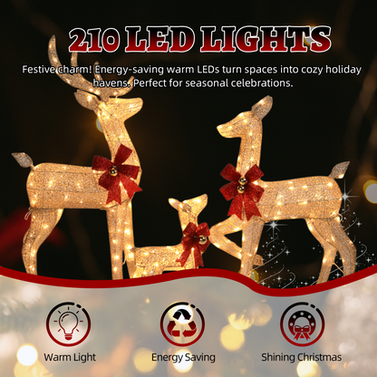 3-Piece Lighted Christmas Reindeer Family Set Outdoor Decorations, Weather Proof Sparkling Deer Family Set of 3 Christmas Ornament Home Decor Pre-lit 210 LED Warm White Lights, 4FT, Golden