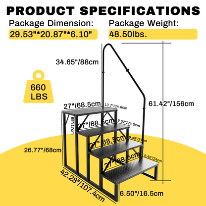 RV Step Stool, 4 Step Ladder, Hot Tub Steps with Handrail, Portable Pool Ladder, 660Lbs Heavy Duty Ladder Shelf Outdoor Mobile Home Stairs for Camper/Porch/SPA Pool/Pet Stairs