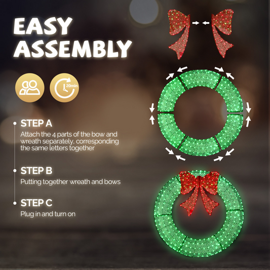 120cm Pre-lit Outdoor Christmas Wreath Decoration, Lighted Metal Wreath with Red Bow, Remote Control LED Lights with Timer, for Front Door Gate Wall Indoor Outdoor Holiday Party, Green