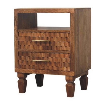 Artisan Furniture Solid Wood Arno Bedside in Golden Teak, 2 Drawers, 1 Open Slot, Beige