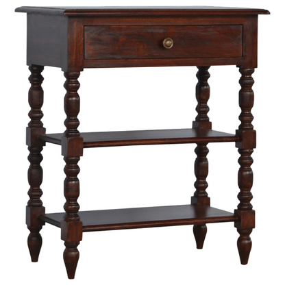 Artisan Furniture Solid Wood Turned Occasional Table, 1 Drawer and 2 Shelves, Dark Brown