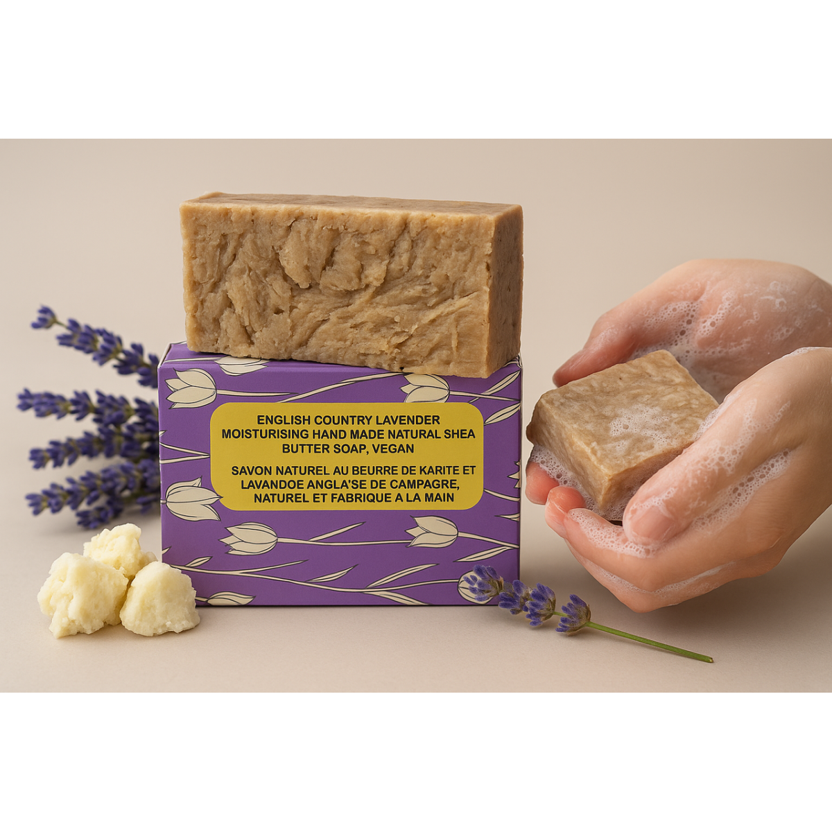 6 Bars of Country Lavender Natural Handmade Soap with Organic Unrefined, Fair Trade Shea Butter, Coconut and Olive Oil (115-135g)