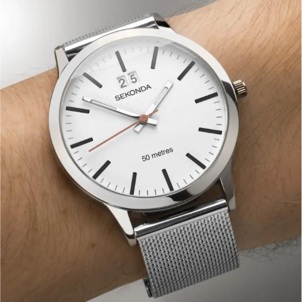 Sekonda Mens Fashion Dated 40mm 5ATM White Dial Silver Mesh Bracelet Watch 1940