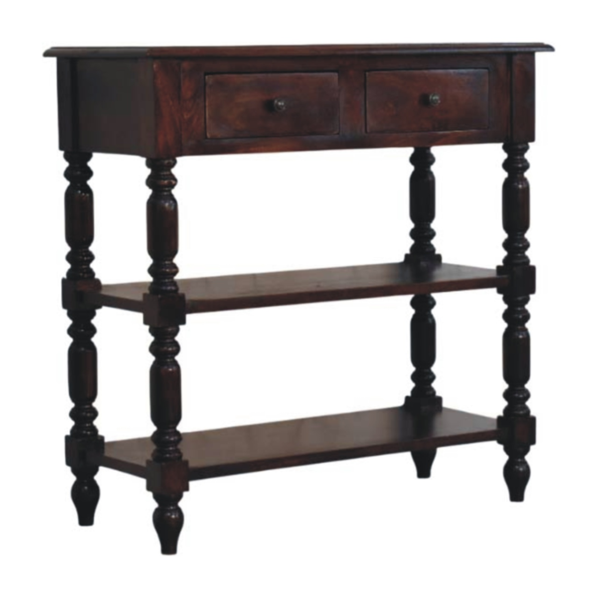 Artisan Furniture Solid Wood Turned legs Cherry Side Table, 2 Drawers, 2 Shelves, Dark Brown