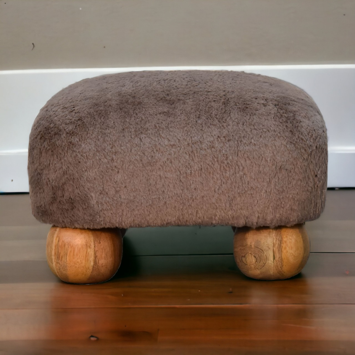 Artisan Furniture Solid Mango Wood Mocha Faux Fur Nordic Footstool