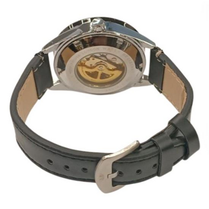 NY London Mens Automatic Dial Analogue Silver/Black Leather Strap Watch