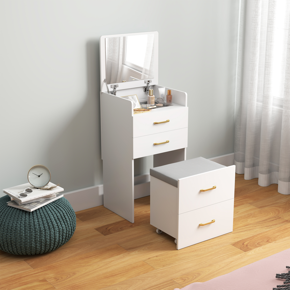 HOMCOM 3 in 1 Dressing Table Vanity Desk with Mirror and Cushioned Stool