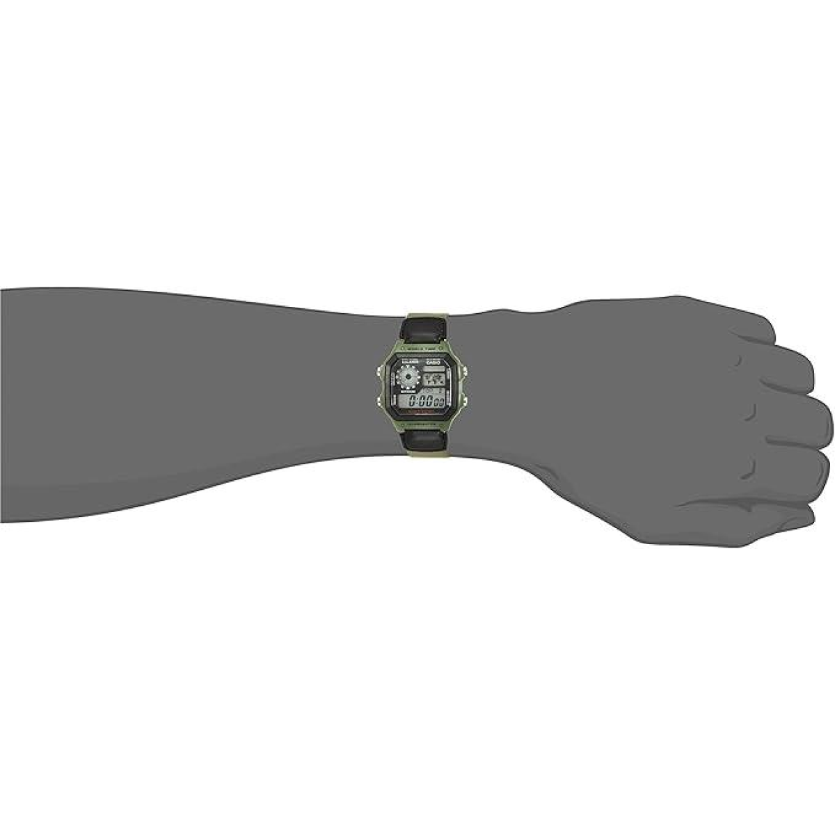Casio Mens Digital World Time Alarm Green Velcro Strap Watch