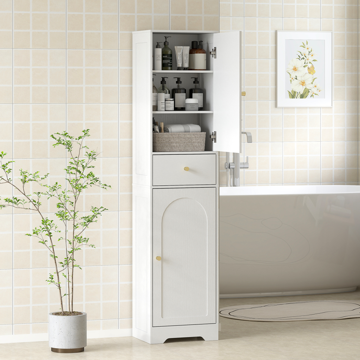 HOMCOM Tall Bathroom Storage Cabinet with Arch Doors Adjustable Shelf White