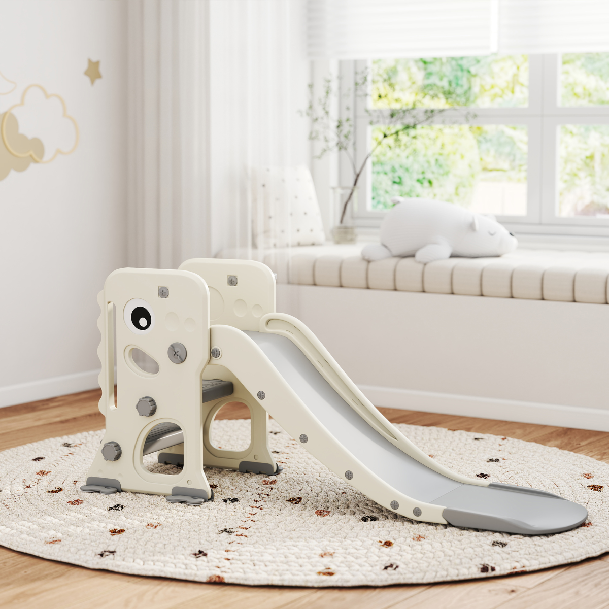 AIYAPLAY Foldable Kids Slide with Climber, Basketball Hoop, Cream White
