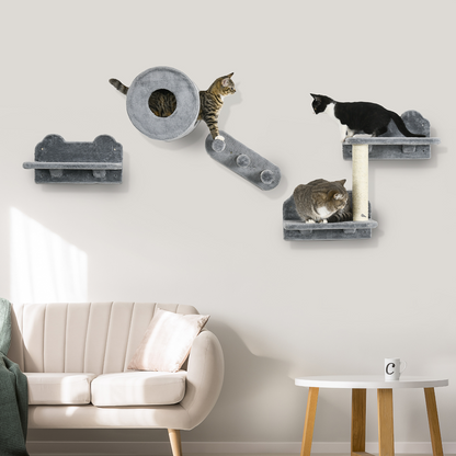PawHut Cat Wall Furniture with Platforms, Steps, Perch, Cat House - Grey