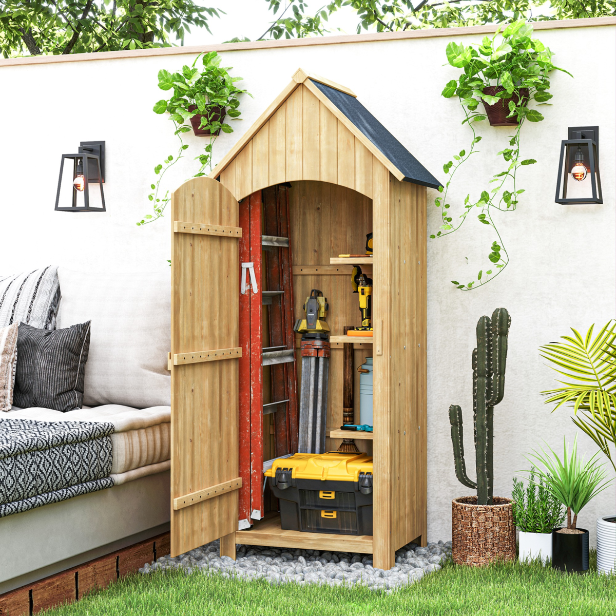 Outsunny Wooden Small Garden Shed with 3 Shelves and Tilt Roof
