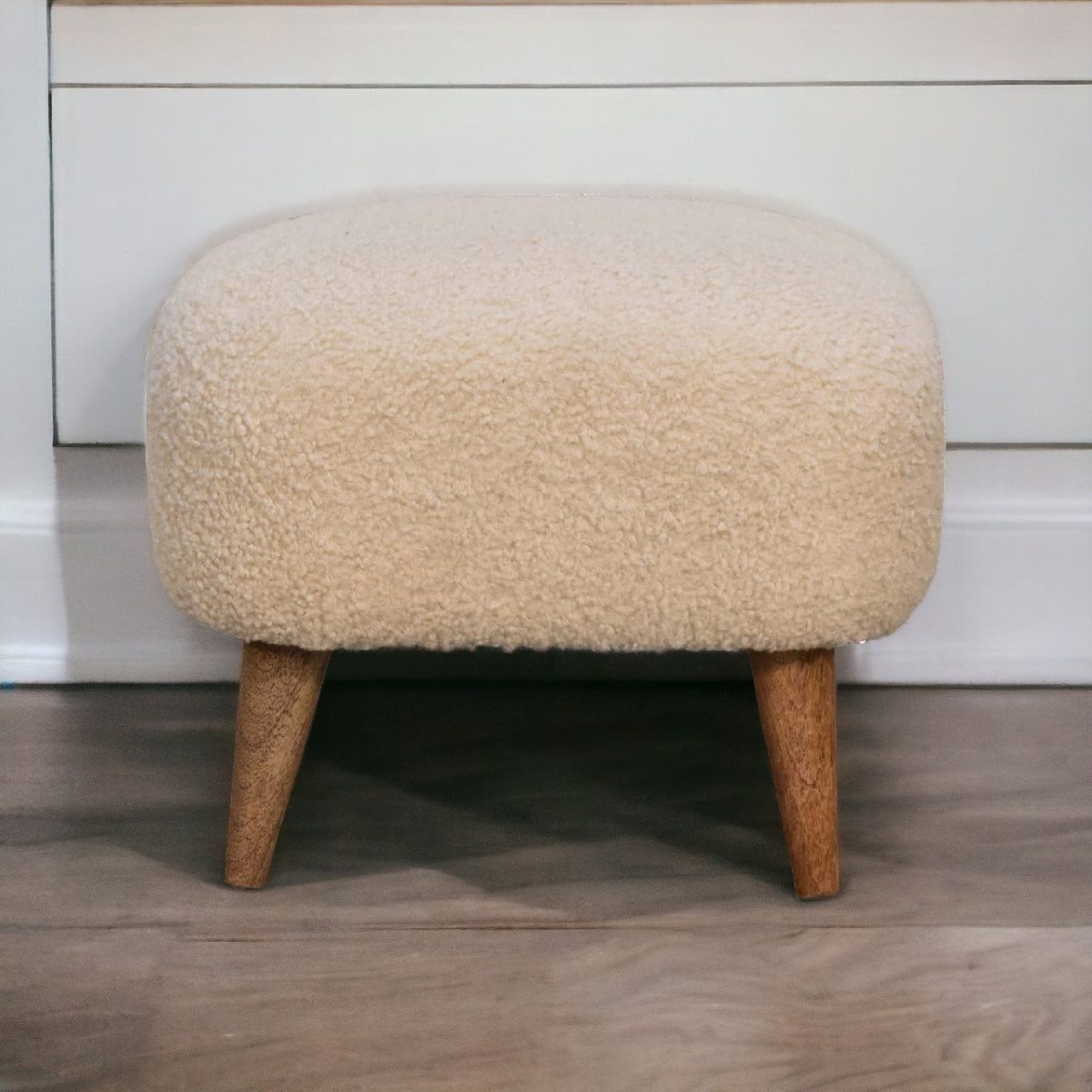 Artisan Furniture Solid Mango Wood Boucle Cream Square Footstool
