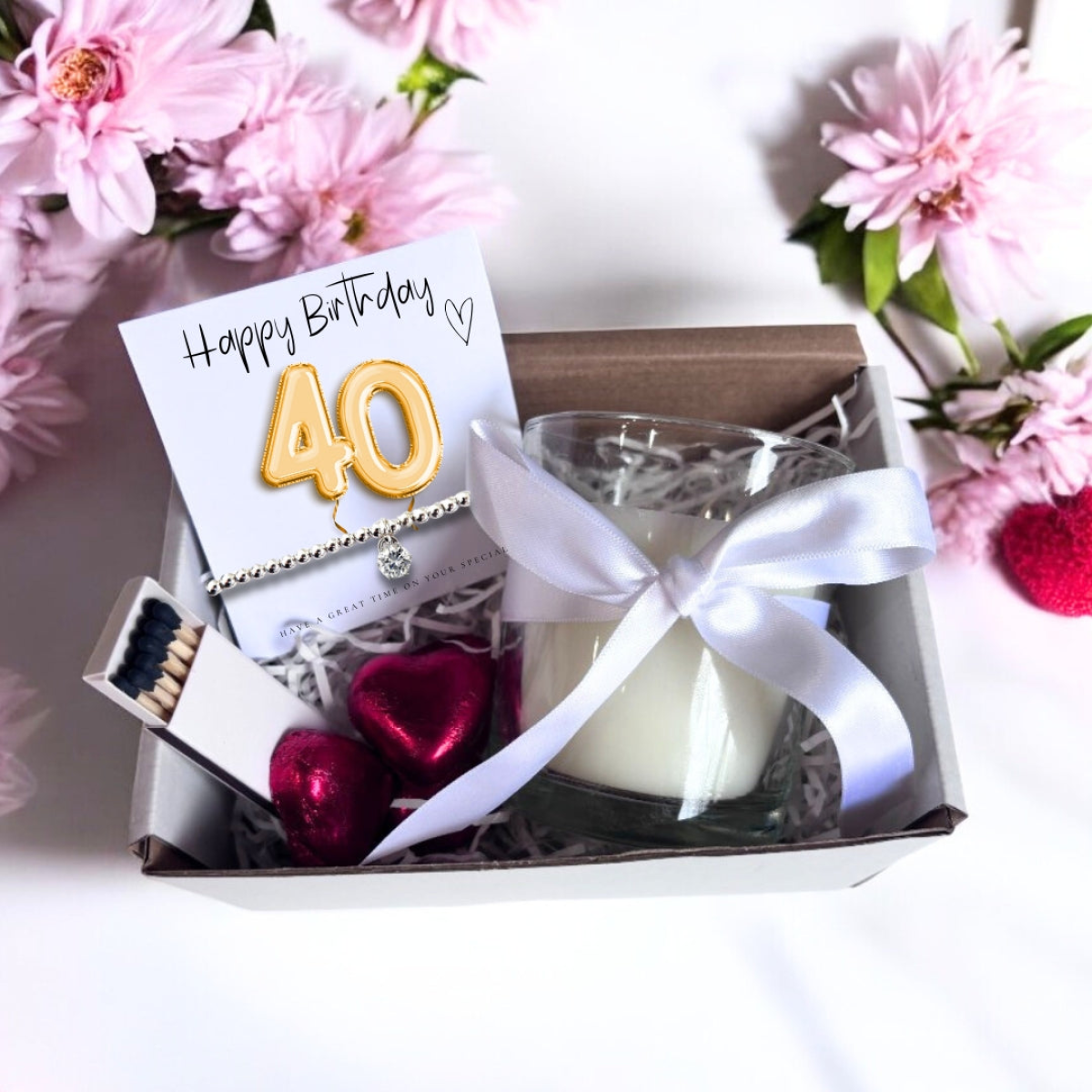 Small 40th Birthday Gold Balloons Gift Hamper - Cubic Zirconia Bracelet, Chocolates & Candle