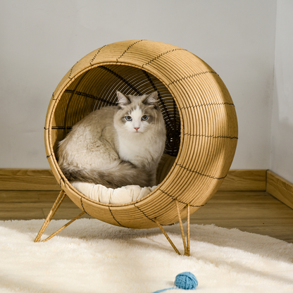 PawHut Wicker Cat Bed Elevated Rattan Kitten Basket Cozy Cave w/ Soft Cushion