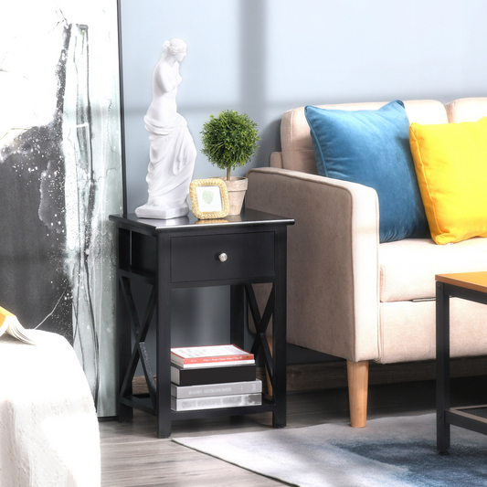 HOMCOM 55cm End Side Table w/ Drawer Shelf Home Storage Furniture Black