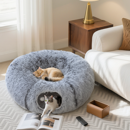 PawHut Donut Play Tunnel Bed with Washable Cushion and Toy Ball, Light Grey
