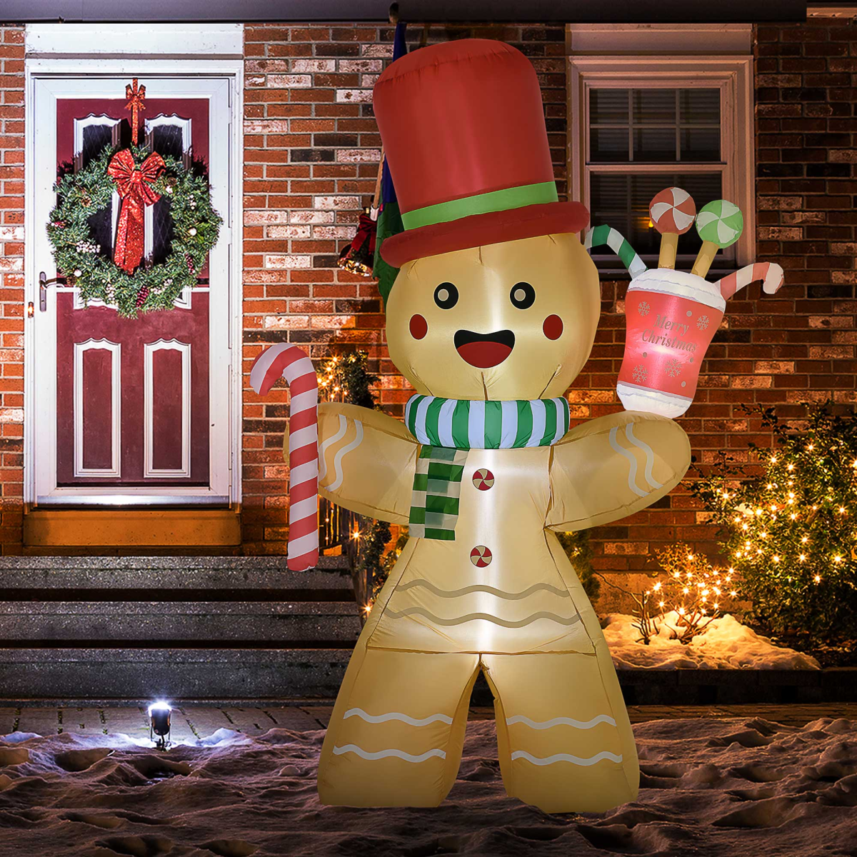 HOMCOM 7.5FT Christmas Inflatables Gingerbread Man with Candy Cane LED Lights