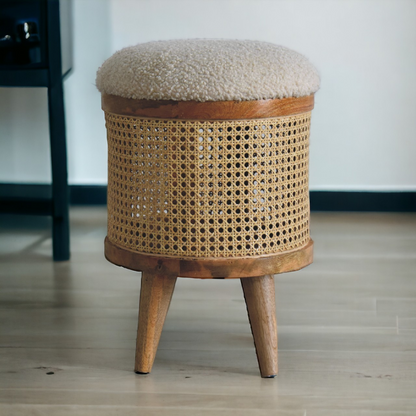 Artisan Furniture Solid Mango Wood Cream Boucle Larissa Footstool