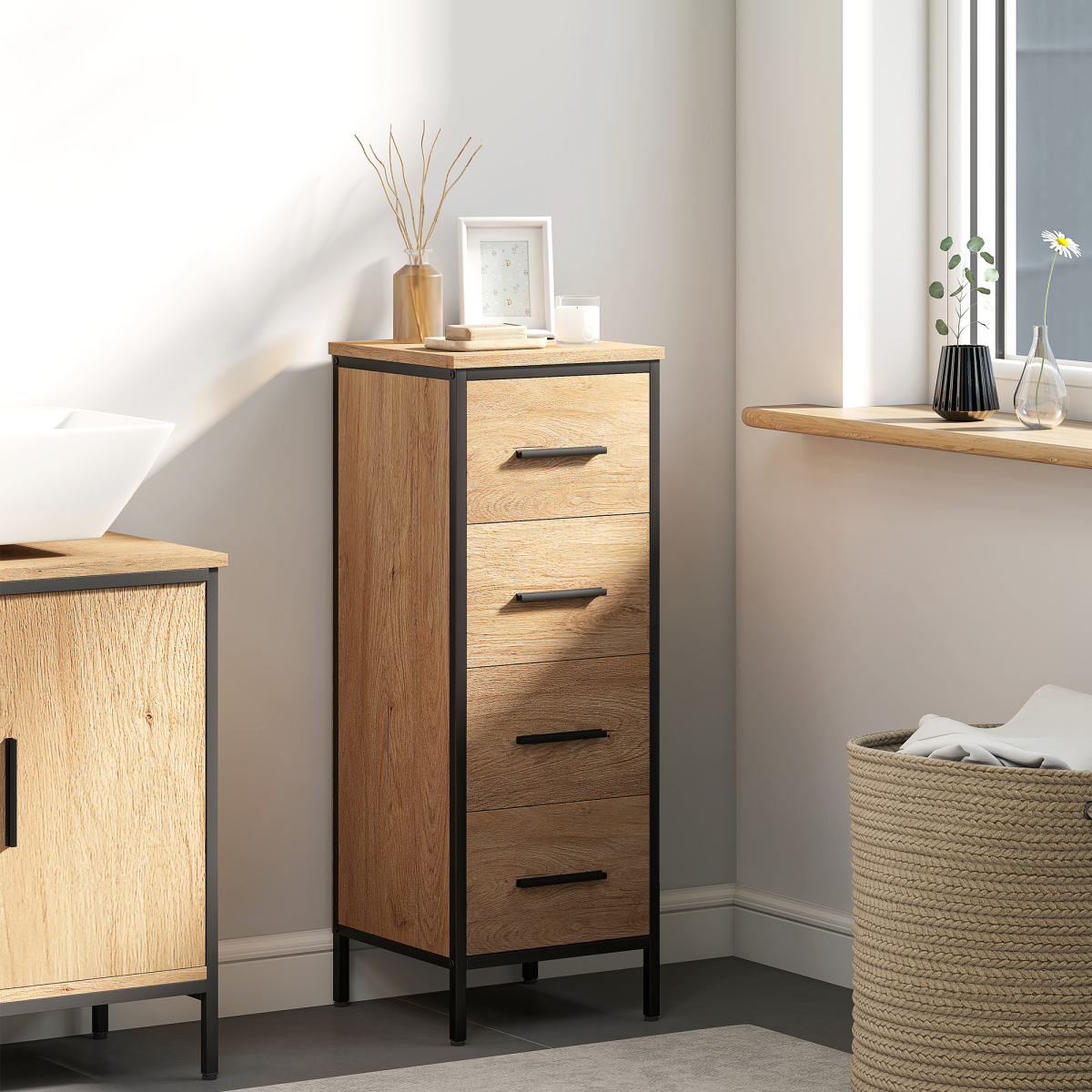 HOMCOM Narrow Bathroom Storage Cabinet with 4 Drawers for Small Spaces, Oak