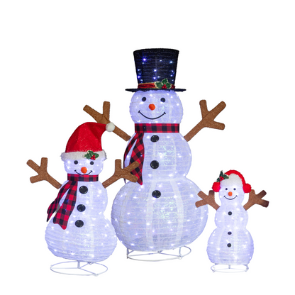 Set of 3 Lighted Snowman Family Christmas Yard Decorations, 60cm 90cm 120cm Pre-lit Pull Up Snowman with 270 White LEDs, for Xmas Outdoor Holiday Indoor Decor Lighted Holiday Displays