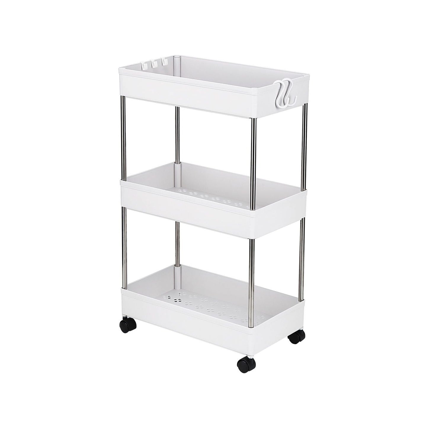 3-Layer Mobile Multi-functional Storage Cart,Suitable for Kitchen, Bathroom, Laundry Room Narrow Place, Plastic and Stainless Steel, White