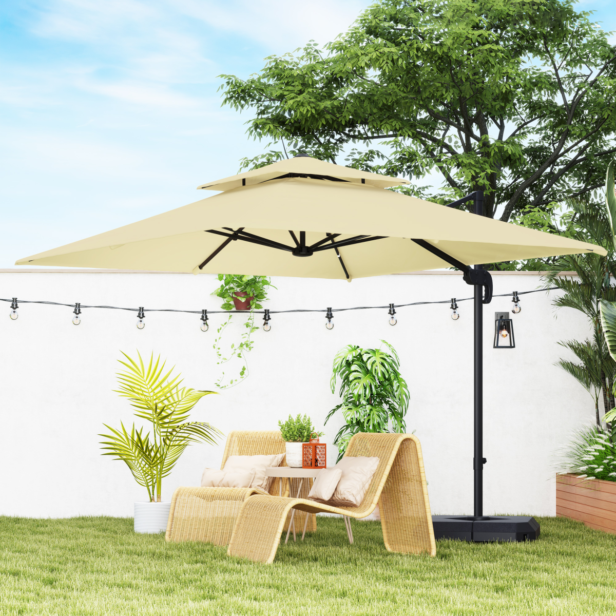 Outsunny 360° Cantilever Parasol Roma Umbrella w/ Base Weights, Khaki