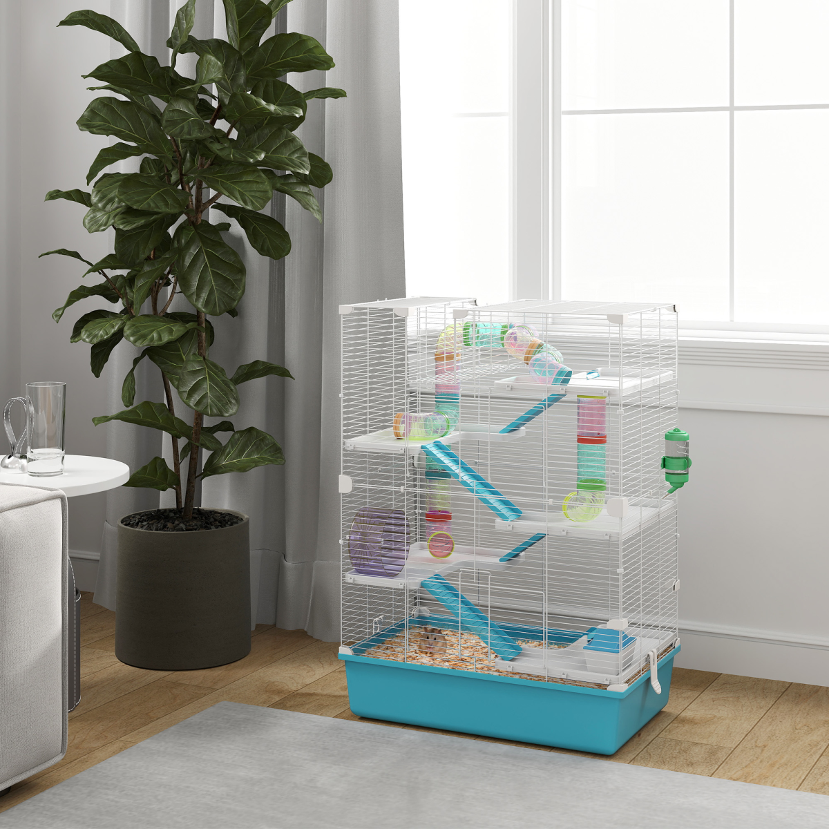 PawHut 6 Tier Hamster Cage with Twin Tower and Accessories, Light Blue