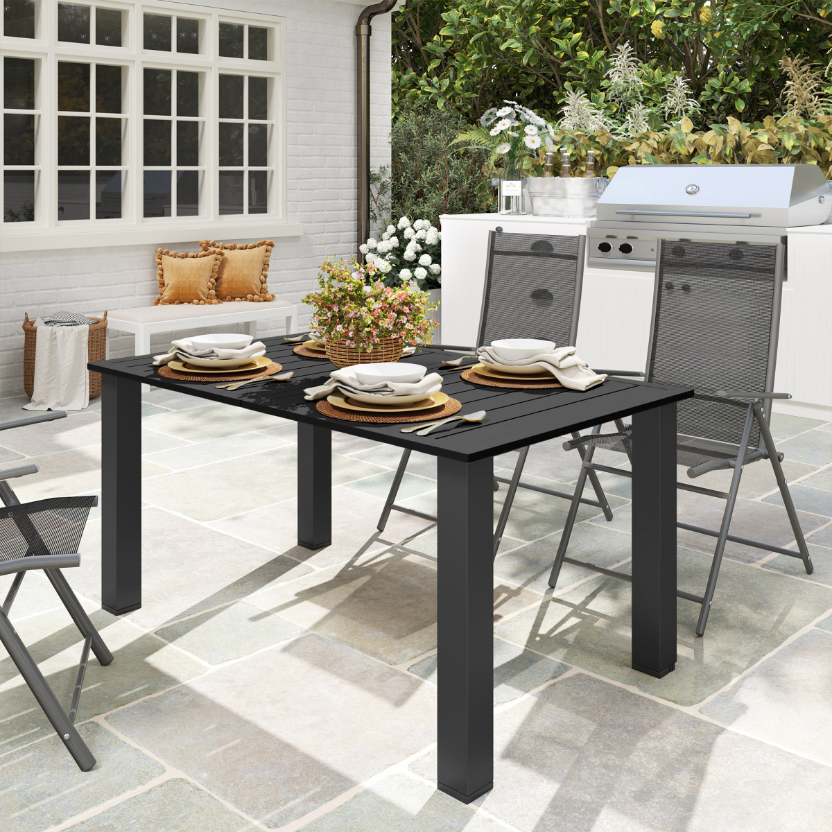 Outsunny Garden Table with Parasol Hole, Slatted Metal Tabletop, Black