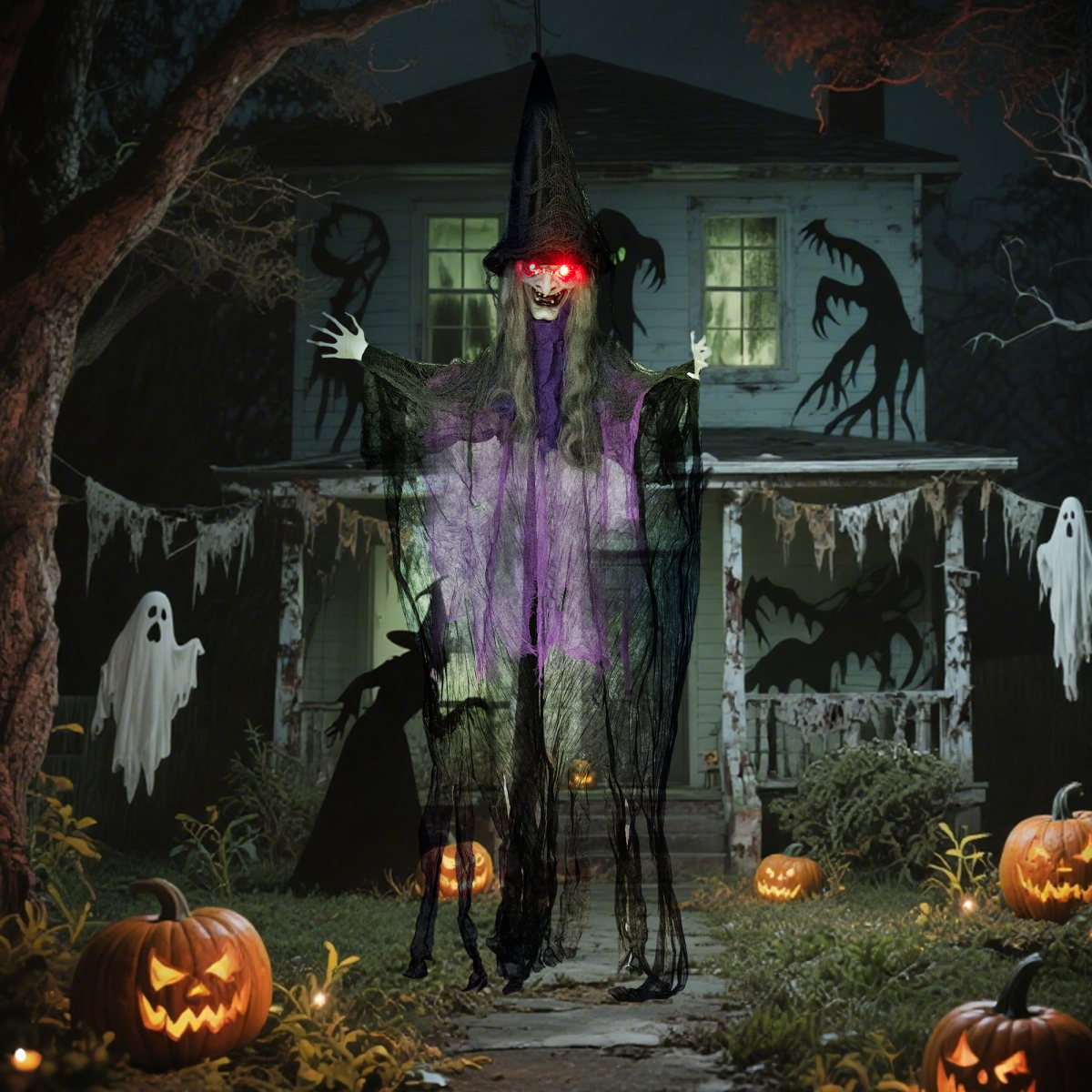 Outsunny Voice Activated Halloween Animatronics Hanging Witch, Purple