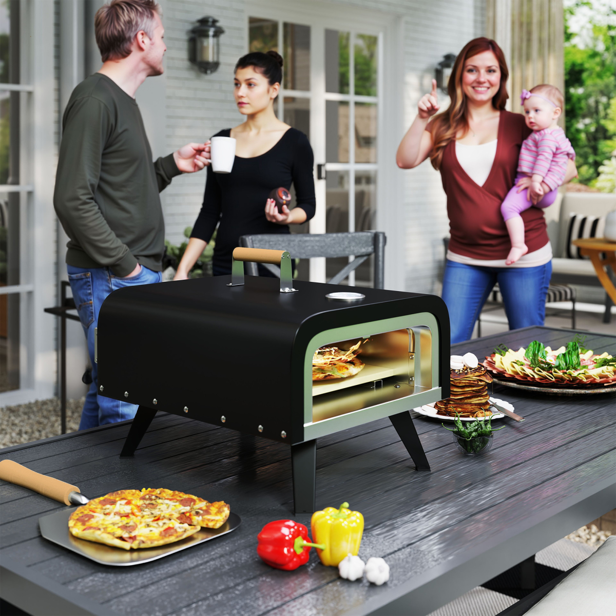 Outsunny Outdoor Tabletop Gas Pizza Oven with 12" Pizza Stone & Peel, Black