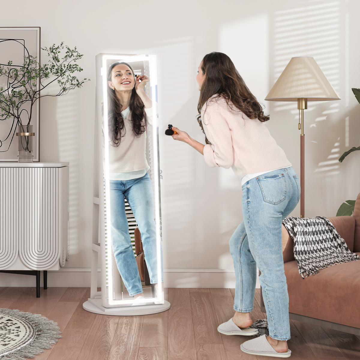 HOMCOM 360° Swivel Jewellery Cabinet, Full Length Mirror with Storage, White