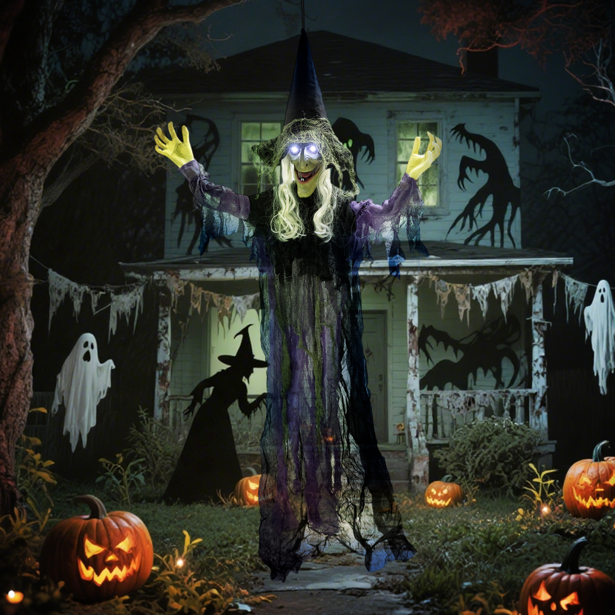 Outsunny Voice Activated Halloween Animatronics Hanging Witch, Purple