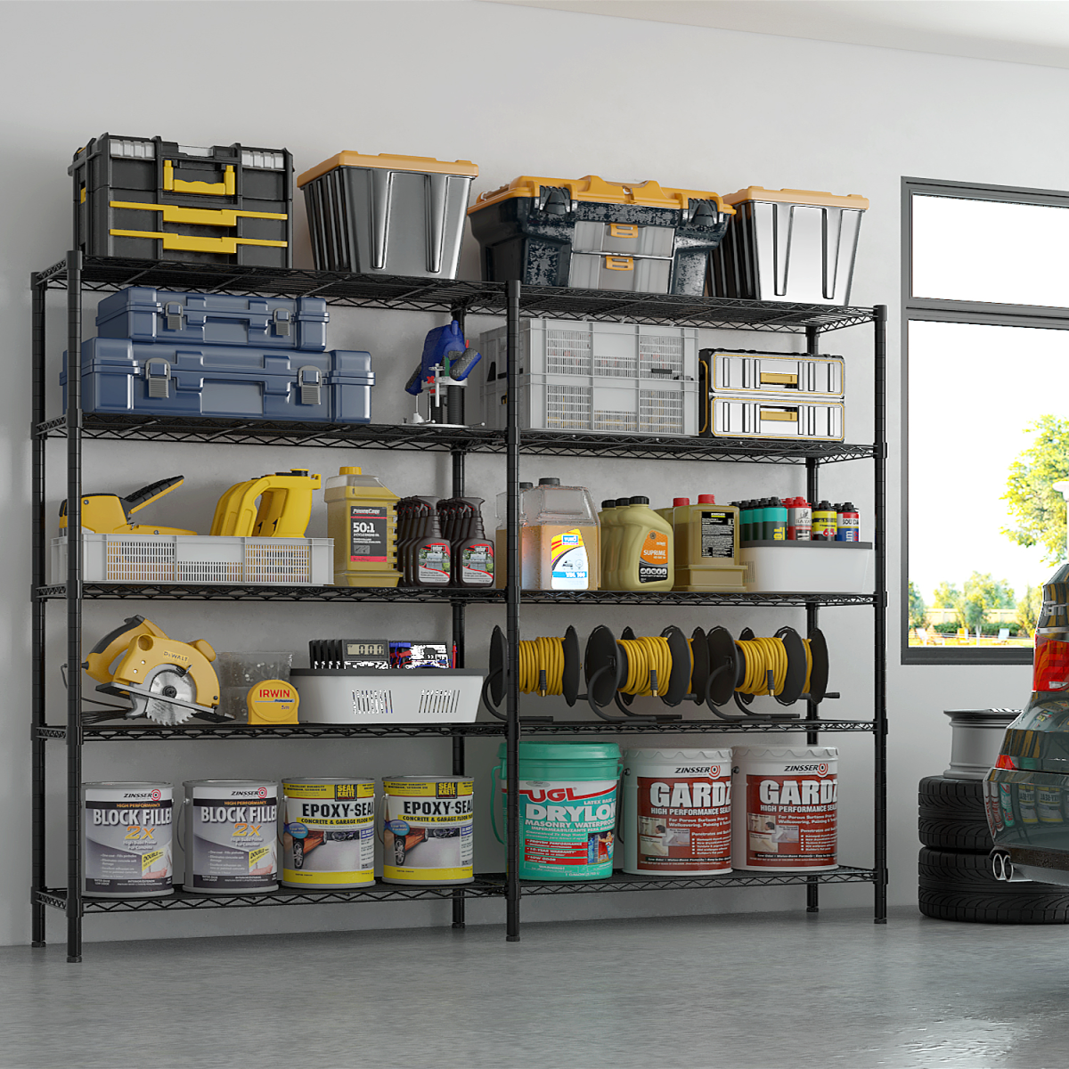 5-layer double row, freely adjustable layer spacing, with adjustable feet, display stand, iron, 177*40*180cm, powder-coated black