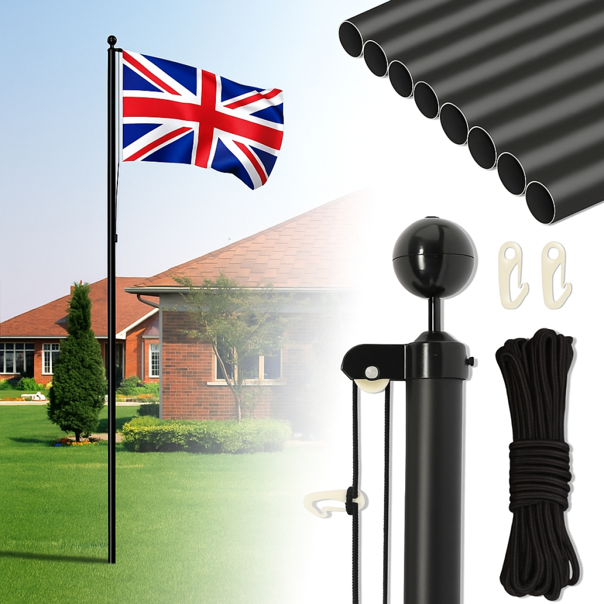 5.1*5.1*750cm Aluminum Alloy Splicing Flagpole Adjustable And Retractable Courtyard Outdoor Flagpole, Black