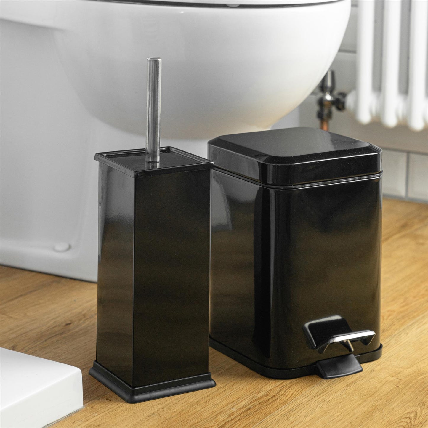 Black Square Toilet Brush & Bin Set