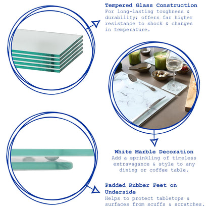 12pc Rectangle Glass Placemats & Square Coasters Set - 30cm x 20cm - Marble