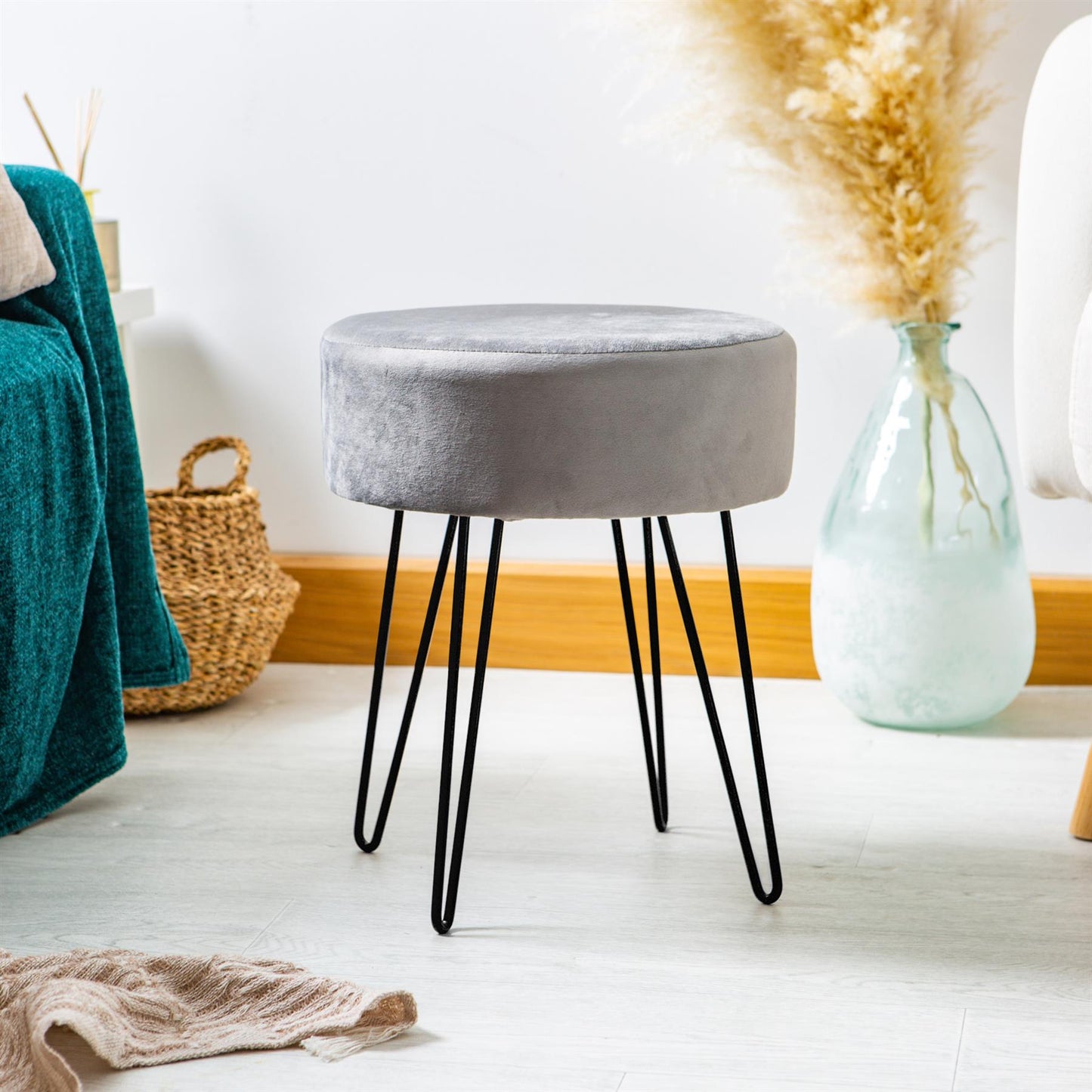 Grey Round Velvet Footstool