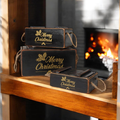 S/3 BLACK WOODEN CRATES WITH LIDS ROPE HAN