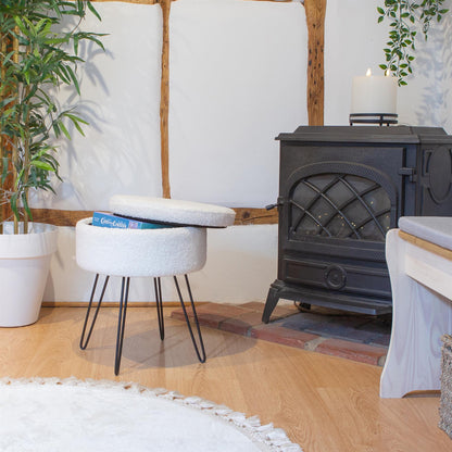 Cream H46 x D37cm Round Boucle Storage Footstool