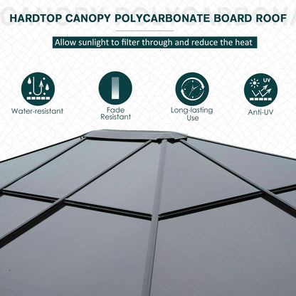 3 x 3.6m Polycarbonate Hard Top Gazebo with LED Solar Light and Aluminium Frame