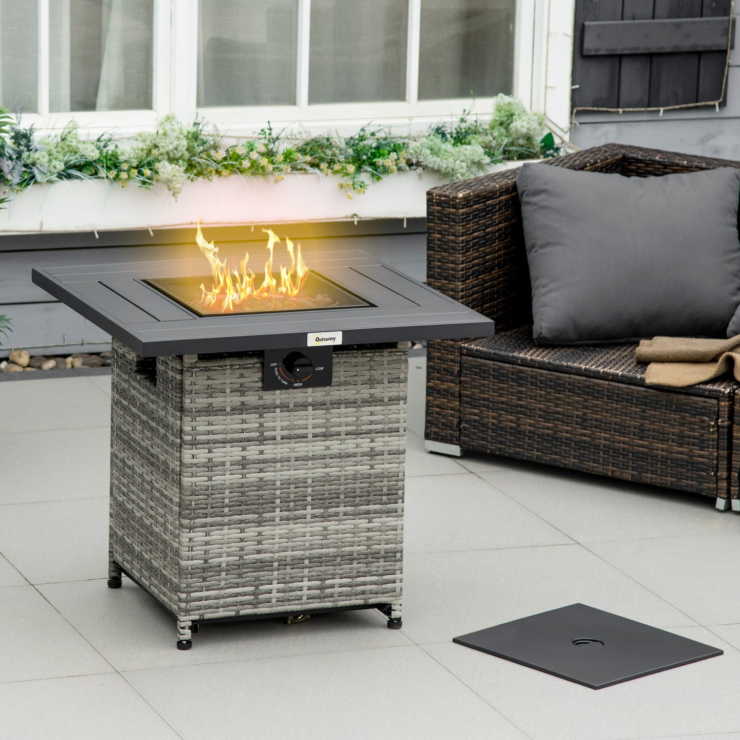 Outdoor PE Rattan Gas Fire Pit Table