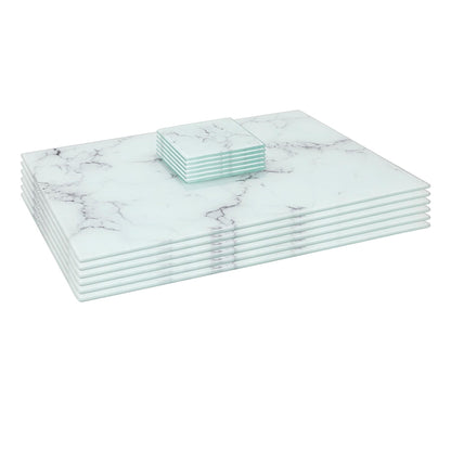 12pc Rectangle Glass Placemats & Square Coasters Set - 40cm x 30cm - Marble